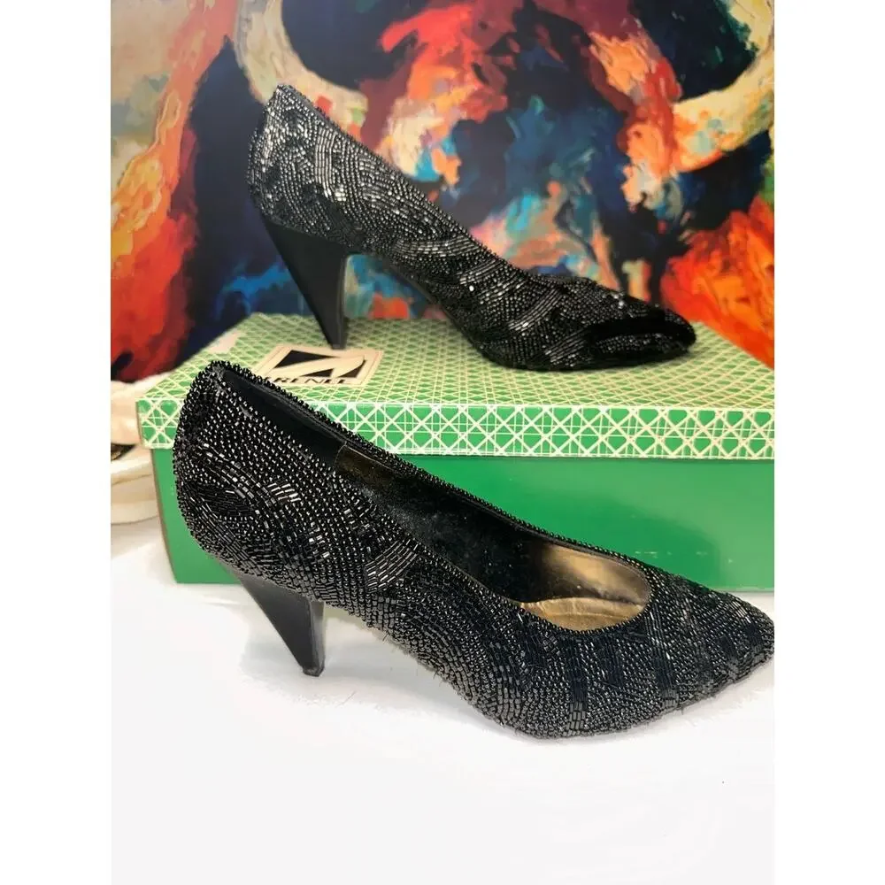 No.05 J. Renee Vintage Black Beaded Sequin Stiletto Pumps
